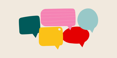 Hand drawn colorful speech bubbles. Modern concept of communication. Vector geometric shapes. Abstract isolated symbols of conversation, rhetoric, discussion.