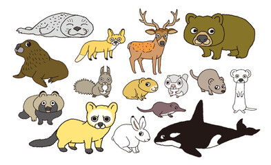 北海道にいる動物たちのおもしろい手描きイラスト - obrazy, fototapety, plakaty