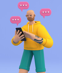 Businessman communicate with team with message icons around. Male person using mobile app for messaging and chat.  3d render illustartion Isolated on background