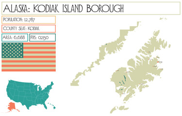 Large and detailed map of Kodiak Island Borough in Alaska, USA.