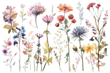 delicate watercolor beautiful meadow flowers on white background