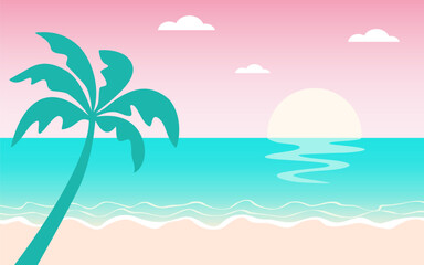 Fototapeta na wymiar Sea landscape. Sunset with pink sky and turquoise sea. Vector illustration