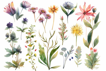 delicate watercolor beautiful meadow flowers on white background. generative ai 