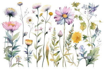 delicate watercolor beautiful meadow flowers on white background. generative ai 