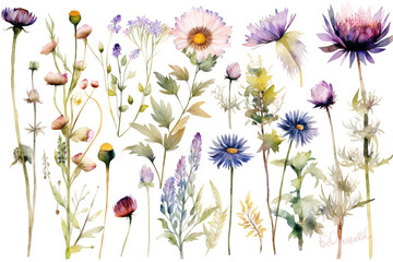 delicate watercolor beautiful meadow flowers on white background. generative ai 