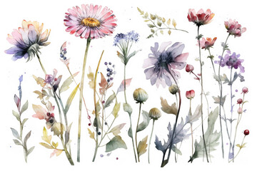 delicate watercolor beautiful meadow flowers on white background. generative ai 