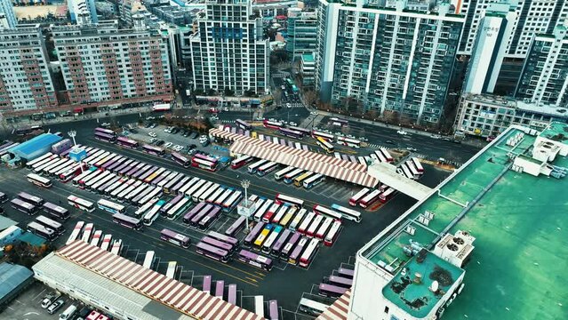 Drone View of Seoul city in South Korea, bus terminal