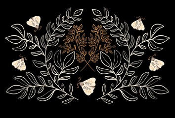Hand drawn symmetrical pattern with flowers and moths