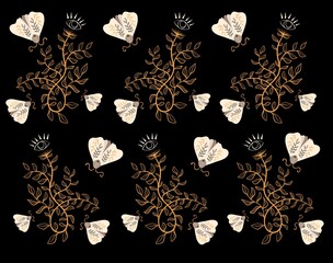 Seamless pattern with moths and mystical plants with eyes