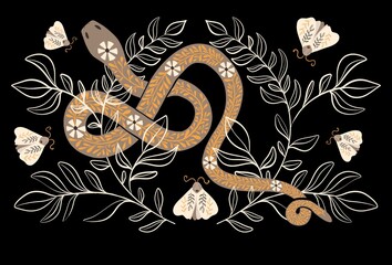 Golden snake with floral ornament on its back, moths and symmetrical floral pattern