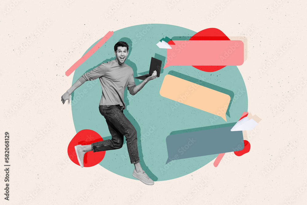 Poster Composite collage picture of overjoyed cheerful black white effect guy jump run hold netbook empty space dialogue bubble