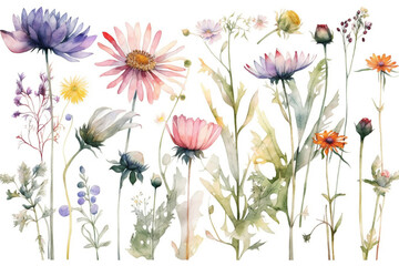 delicate watercolor beautiful meadow flowers on white background. generative ai 