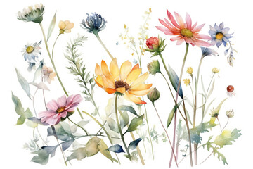 Obraz na płótnie Canvas delicate watercolor beautiful meadow flowers on white background. generative ai 