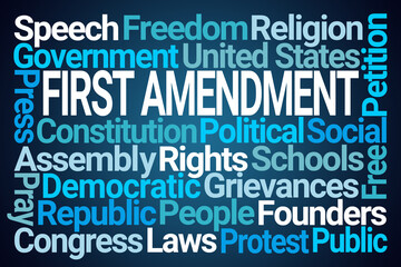 First Amendment Word Cloud on Blue Background