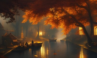 Ilustracja inspirowana starą europą,  kanał z wodą, rzeka, łodzie, drzewa. Malowniczy jesienny klimat. Wygenerowane przy pomocy AI. - obrazy, fototapety, plakaty
