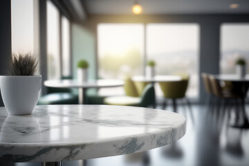 Fototapeta premium Marble table top on blur restaurant background made with Generative AI.