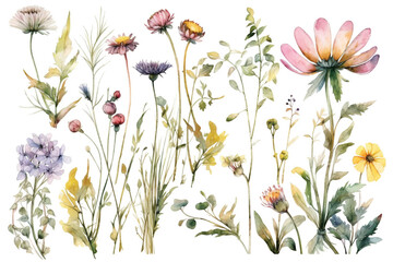 delicate watercolor beautiful meadow flowers on white background. generative ai