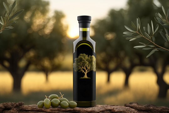 Olive oil bottle mockup in a blurred olive tree field made with Generative AI.