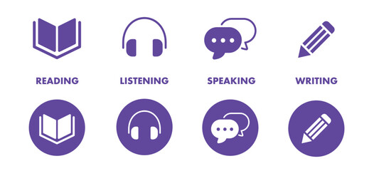 Language skill icon set speaking listening reading writing education test logo vector illustration circle symbol
