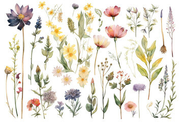 delicate watercolor beautiful meadow flowers on white background. generative ai