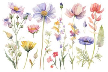 delicate watercolor beautiful meadow flowers on white background. generative ai