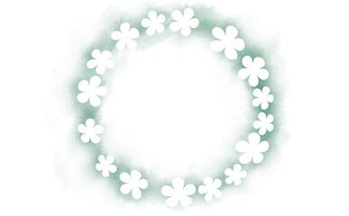 花柄シルエットの円フレーム-グリーン ふんわり水彩画テクスチャ イラスト素材 色違い・差分有