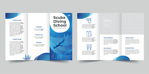 Scuba Diving School  trifold brochure template. A clean, modern, and high-quality design tri fold brochure vector design. Editable and customize template brochure