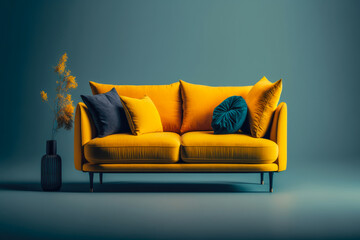 Modern yellow sofa with cushions over blue background made with Generative AI.