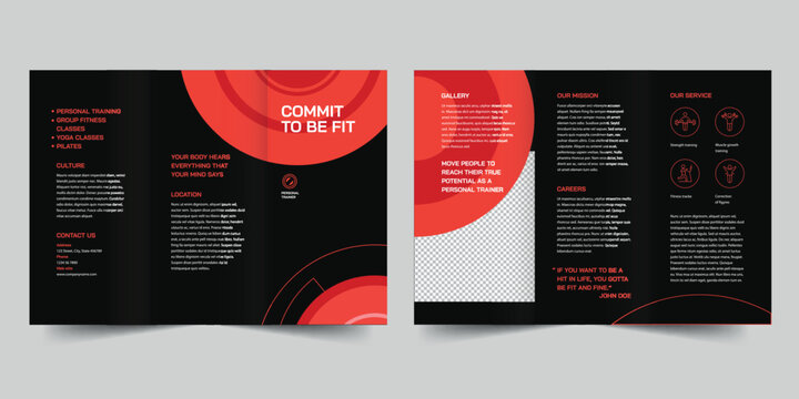 Personal Trainer trifold brochure template. A clean, modern, and high-quality design tri fold brochure vector design. Editable and customize template brochure