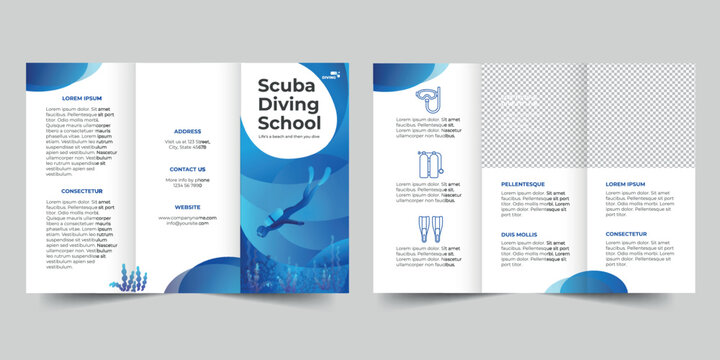 Scuba Diving School  trifold brochure template. A clean, modern, and high-quality design tri fold brochure vector design. Editable and customize template brochure