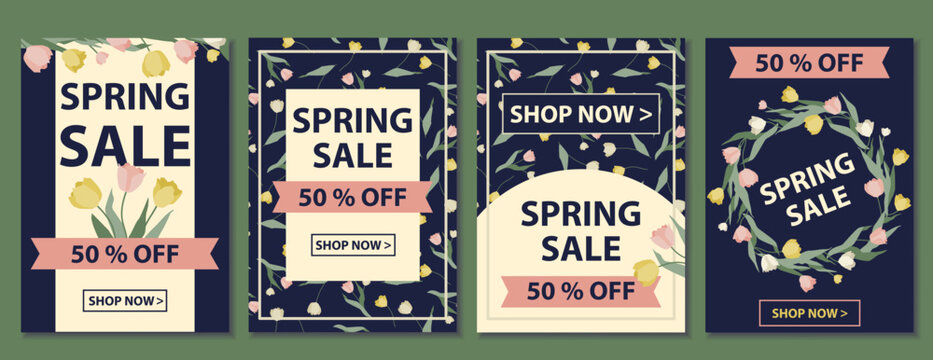 Set of flyers for spring sales. A4 vector illustration for poster, banner, flyer, advertising, promo, commercial. Floral polygraphy on dark blue background for advertising leaflets.Tulips price label 