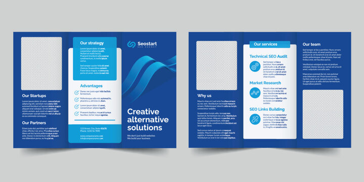 SEO Agency  trifold brochure template. A clean, modern, and high-quality design tri fold brochure vector design. Editable and customize template brochure