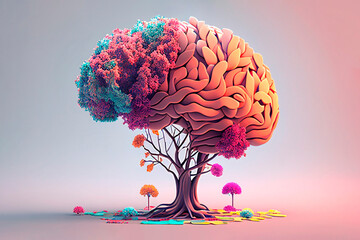 Human brain tree with flowers, self care and mental health concept, positive thinking, creative mind, generative AI