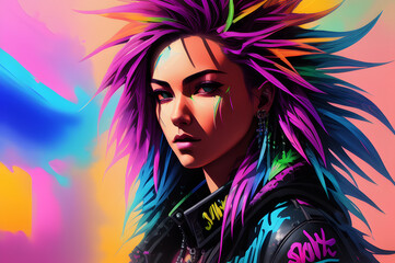 Female cyberpunk portrait, a woman with long colorful hair. Generative AI.	