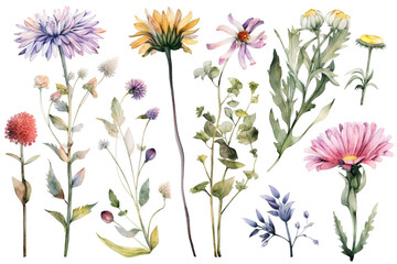 Fototapeta na wymiar delicate watercolor beautiful meadow flowers on white background. generative ai