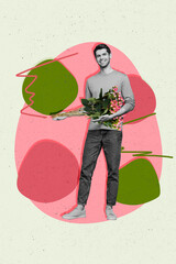 Collage artwork graphics picture of smiling funny guy giving big flowers bunch isolated painting...