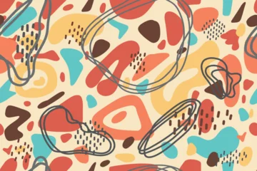 Gordijnen Abstract doodle seamless pattern. Creative artistic background in minimalist style fashionable design with basic shapes. Simple background with color spots, lines and dots. © svettlana