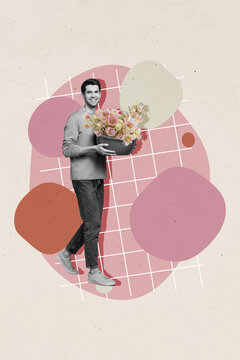 Photo collage artwork minimal picture of happy smiling guy delivering flowers bouquet isolated drawing background