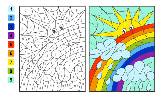 Color by numbers rainbow and clouds. Puzzle game for children education, colors for drawing and learning mathematics