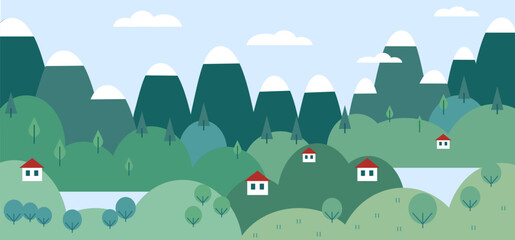 Fototapeta premium Vector horizontal illustration of the landscape of the forest, mountains, houses, trees and lakes. Nature illustration for children's books, prints and designs