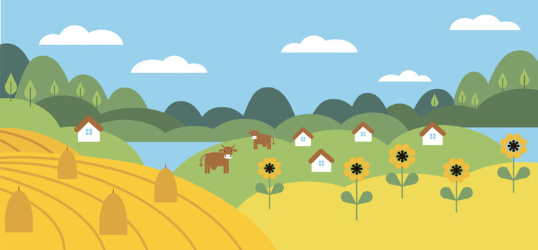 hellowVector horizontal illustration of a forest landscape, fields with sunflowers, cows and lakes. Ukrainian landscape. Nature illustration for children's books, prints and designs