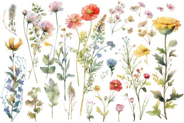 delicate watercolor beautiful meadow flowers on white background. generative ai