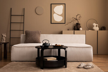 Warm and cozy living room interior with mock up poster frame, modular sofa, black coffee table,...