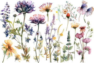 delicate watercolor beautiful meadow flowers on white background. generative ai