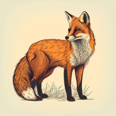 Drawing of a red fox. The concept of a generated AI image of an animal on a yellow background for print.