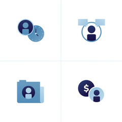 Icon vector of user profile avatar and clock, conversations or helpdesk support, folders and profiles, banking accounts and dollar bills. Can be used for company websites, web, poster ads, mobile apps