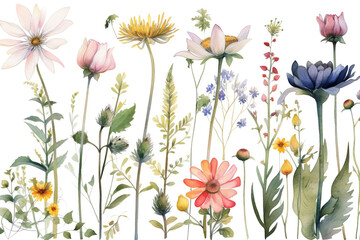 Fototapeta na wymiar delicate watercolor beautiful meadow flowers on white background. generative ai