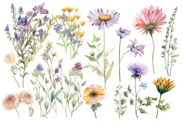 delicate watercolor beautiful meadow flowers on white background. generative ai