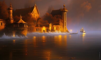Fototapeta na wymiar Ilustracja inspirowana starą europą, klasyczny dwór, noc, powódź, fale zalewające budynki. Wygenerowane przy pomocy AI.