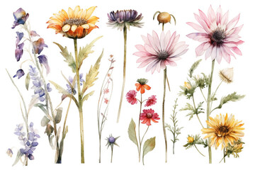 Obraz premium delicate watercolor beautiful meadow flowers on white background. generative ai